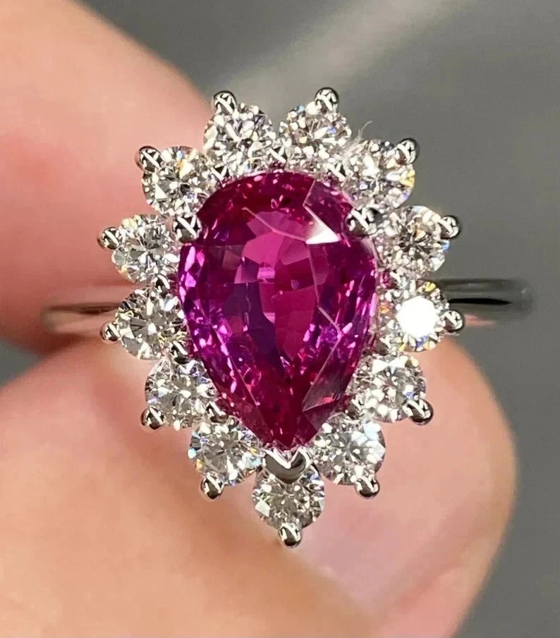 Pear Cut 5.56Ct Natural Pink Sapphire Diamond Wedding Ring 14K White Gold Plated