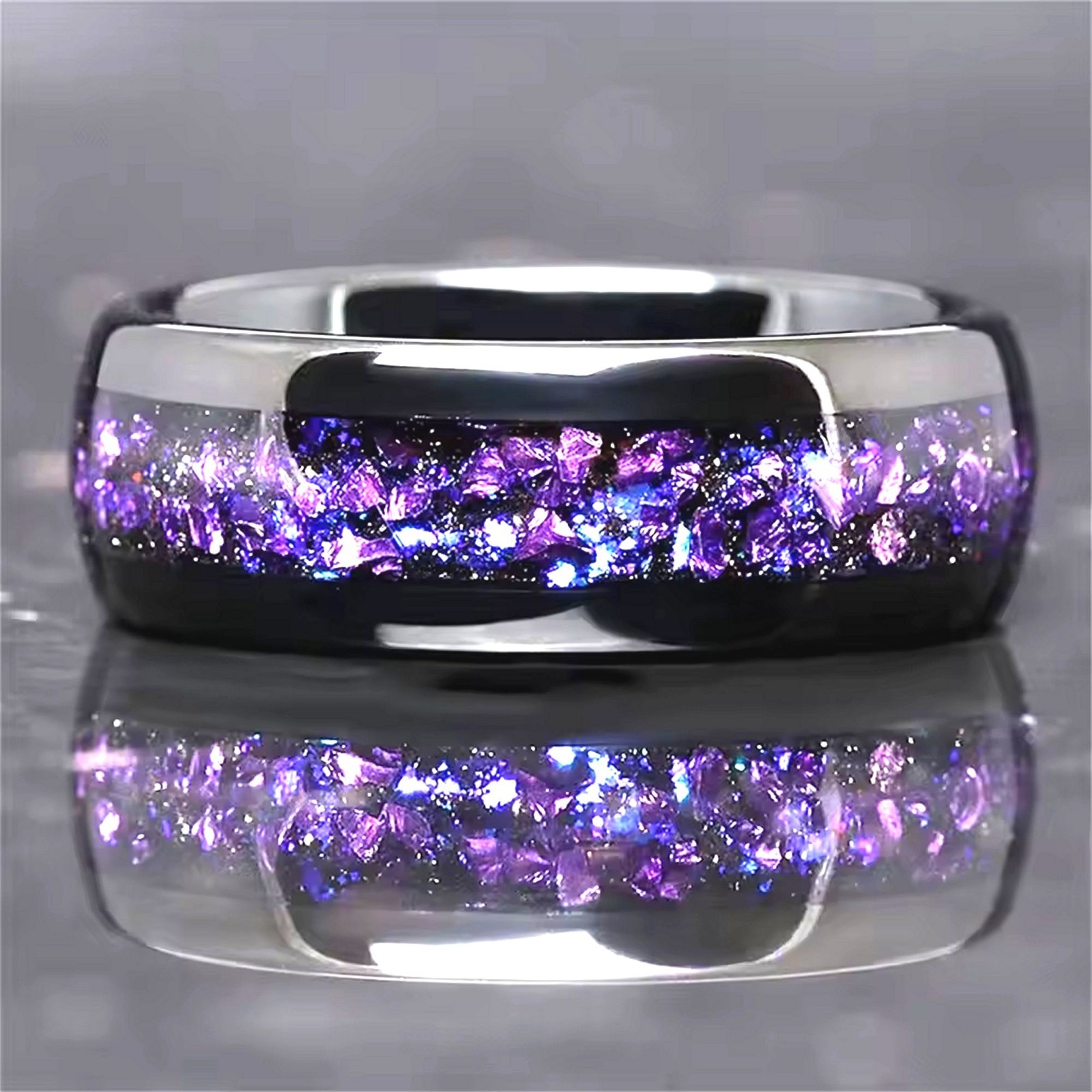 Synthetic Tanzanite Ring Black Stainless Steel Purple Wedding Band Mens Womens
