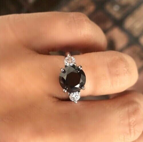 2Ct Round Cut Simulated Black Diamond Three Stone Ring In 14K White Gold Plated
