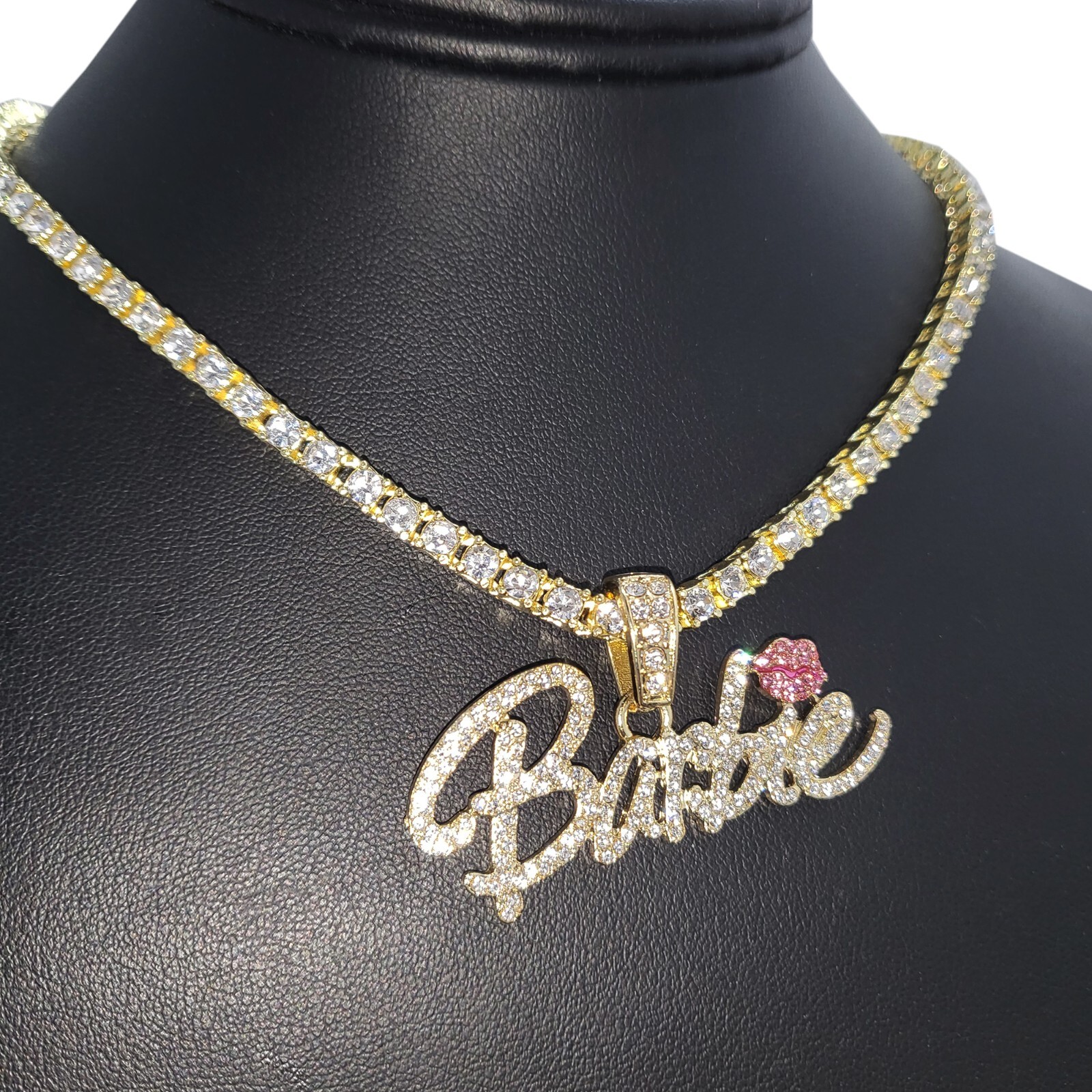 Women Barbie Iced Bling Pendant & 1 Row Cubic Zirconia Tennis Chain Necklace (S)
