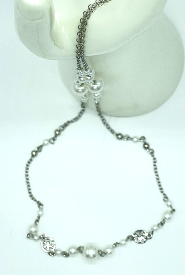 Necklace Silver Tone Spaced White Pearls 38 inches Lightweight