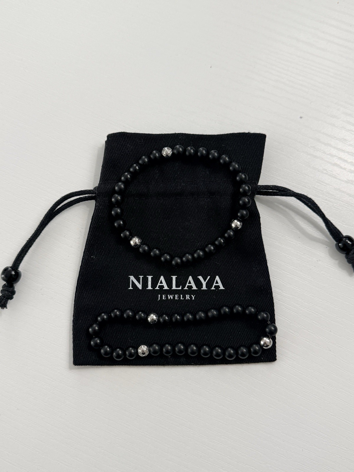 Nialaya 6MM LAVA STONE BRACELET WITH SILVER BALLS , Size Medium (6’7”) Set Of 2