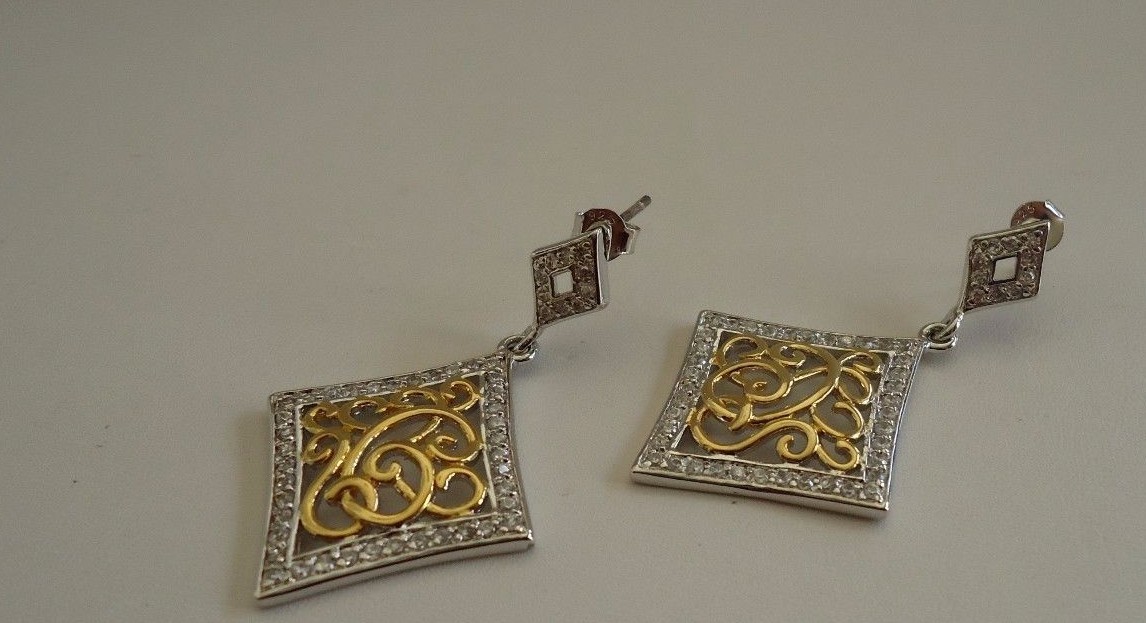 925 STERLING SILVER TWO TONE DROP DANGLING EARRINGS 1.50 ct LAB CREATED DIAMOND