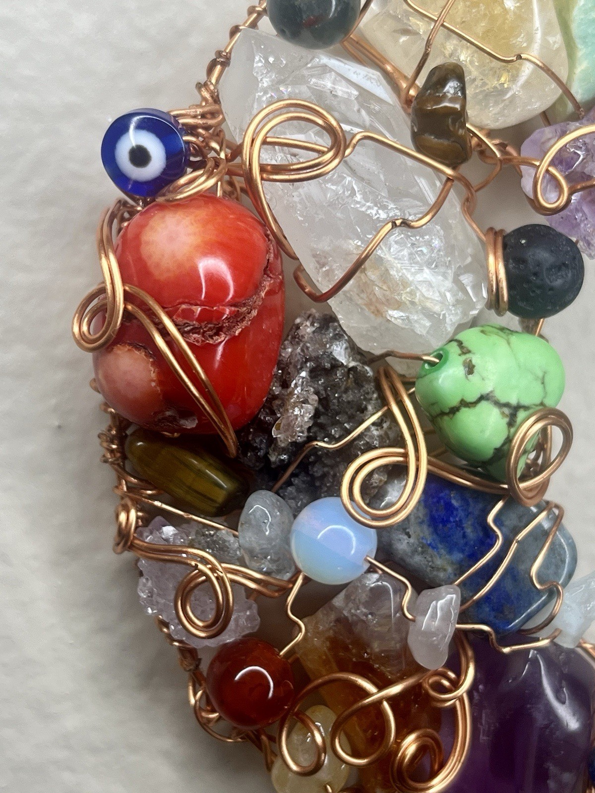 Wire Wrapped Crescent Moon Wall Hanging Amethyst Quartz Opalite Red Coral Copper