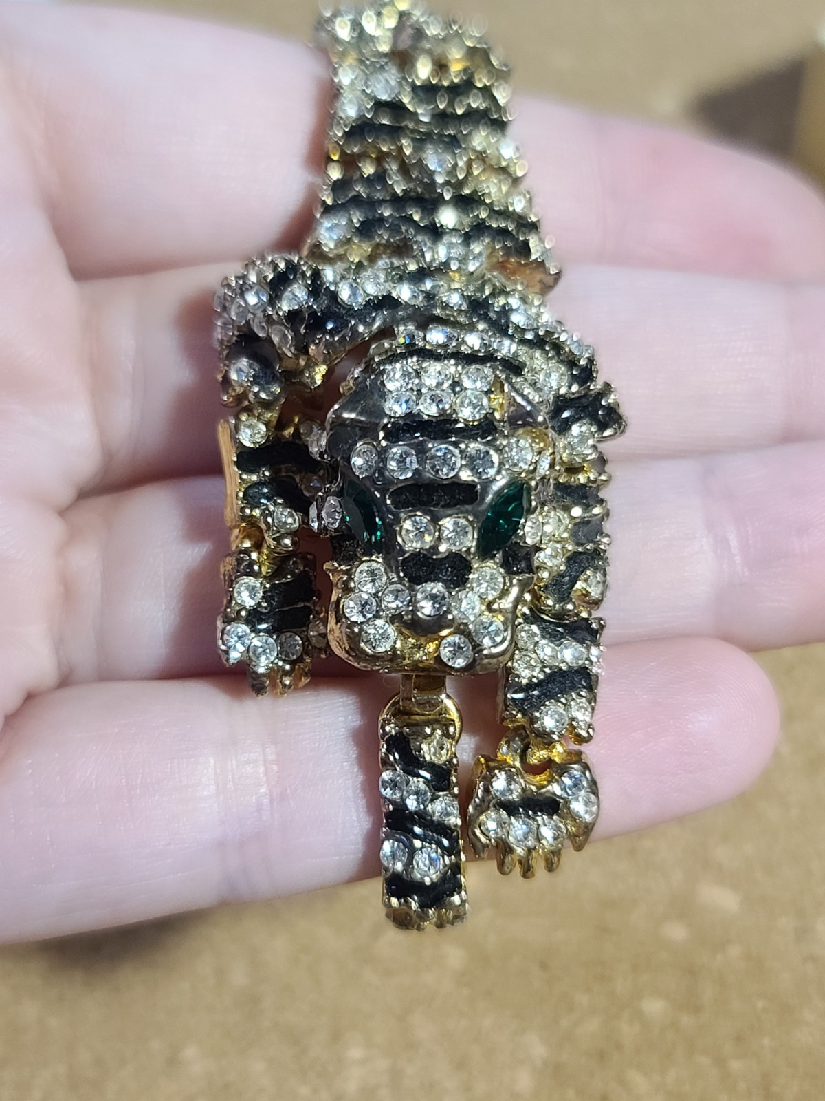 Vtg Articulated Pave Rhinestone Tiger Big Cat Bangle Brooch Green Eye 1980s