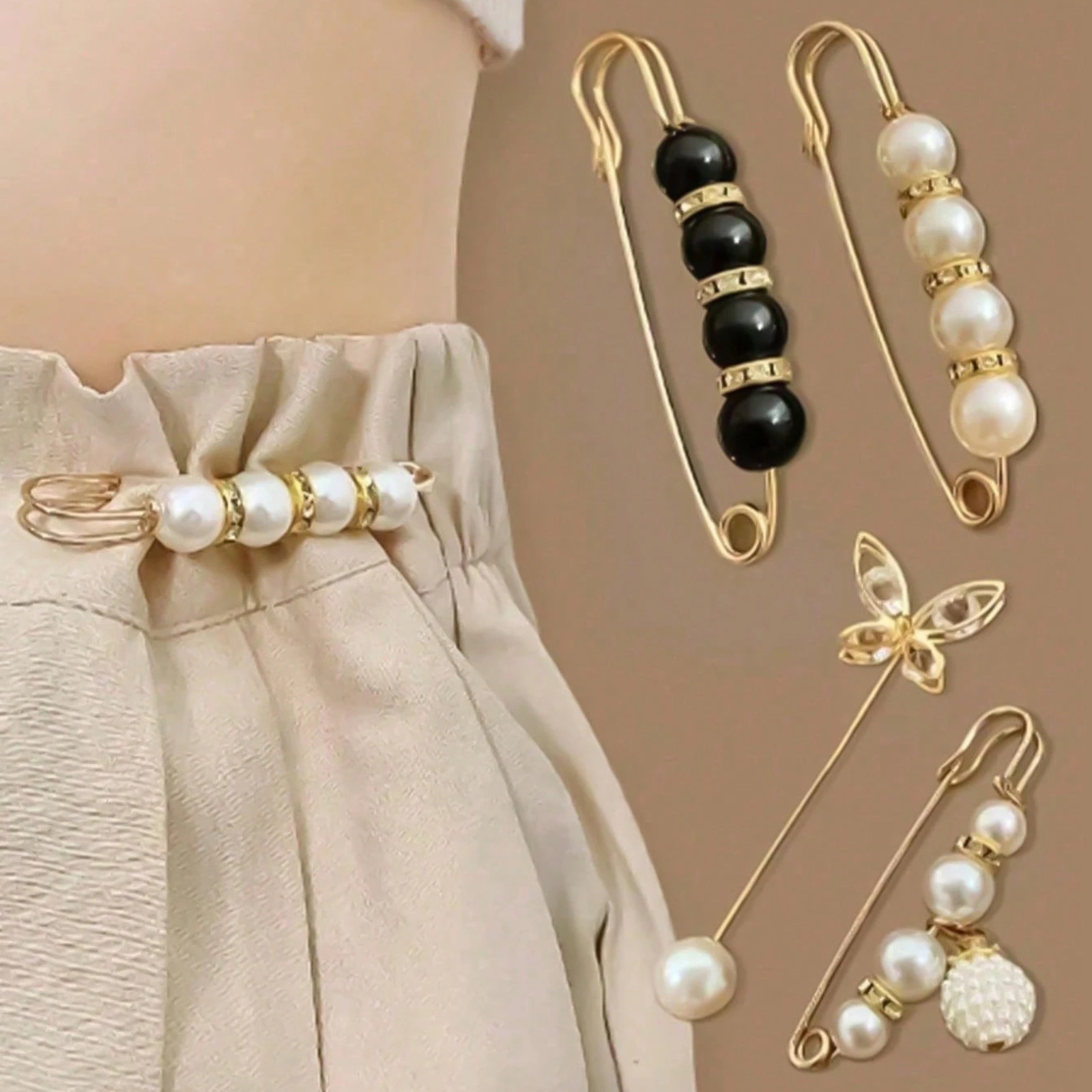 4PCS Adjustable Waist Buckle Pin Set Modern Rhinestone Butterfly Brooch Button