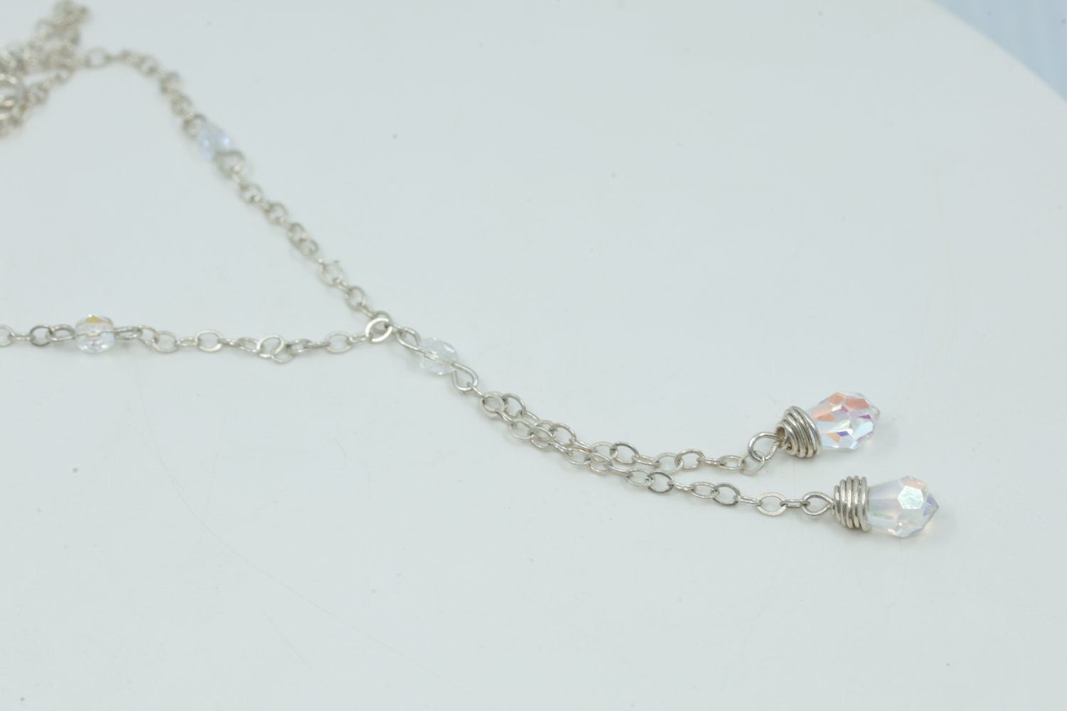 Necklace Approx 10 Inch Silver Metal Double Drop Design Tone Crystal Lariat Wire