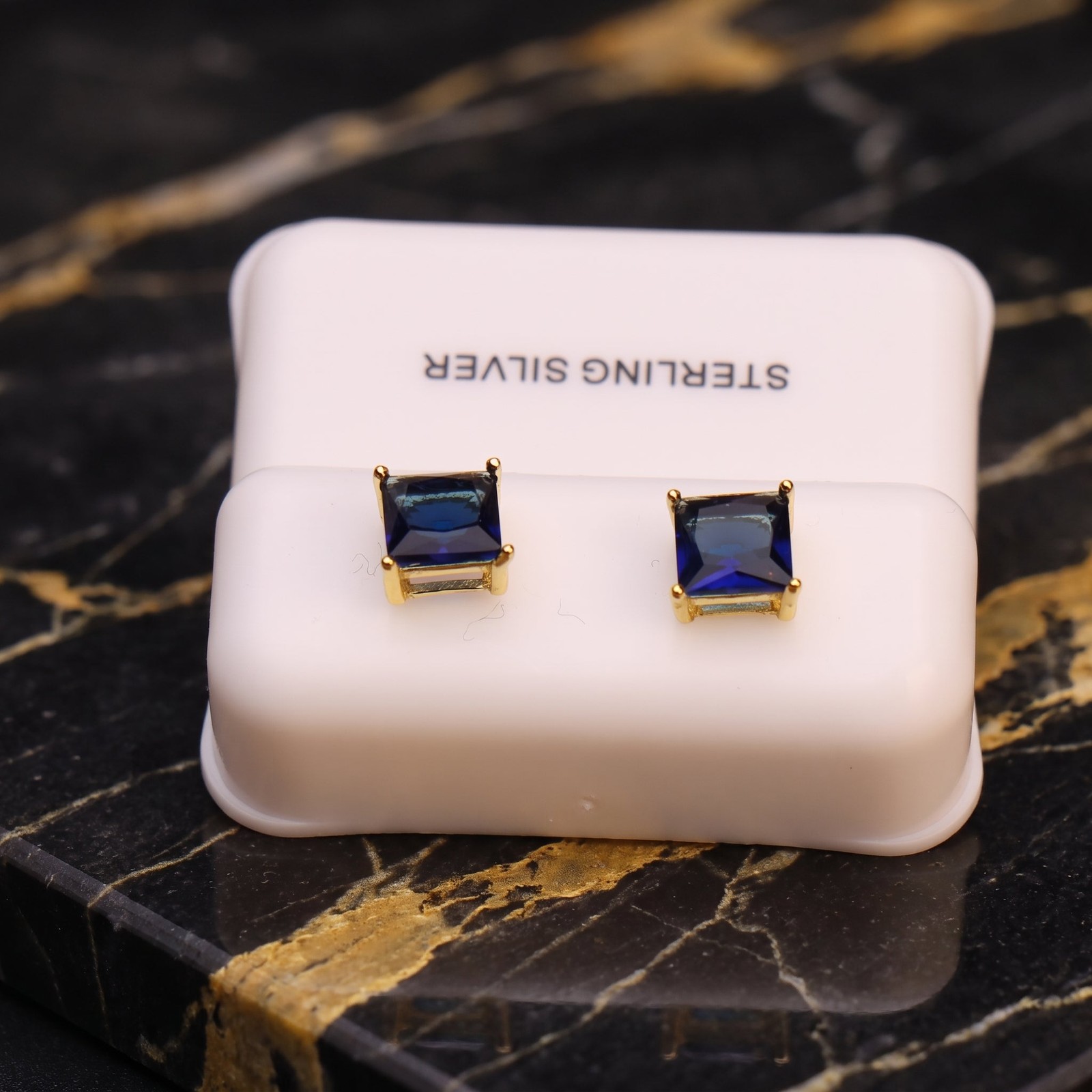 Blue Sapphire Cz Earrings Square 14k Gold over 925 Sterling Silver