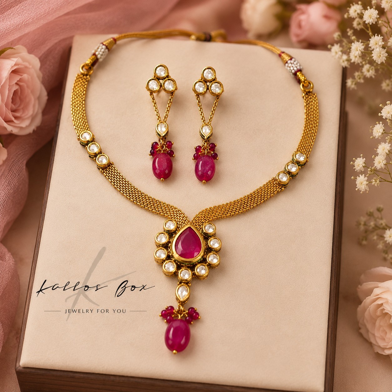 Pink Kundan Necklace With Earrings For Wedding Or Any Other Festive Occasion