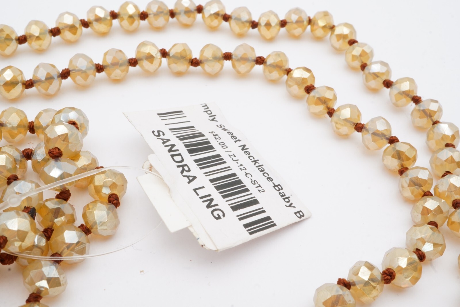 Sandra Ling Necklace Gold Tone Crystal Glass Bead Leather 36″