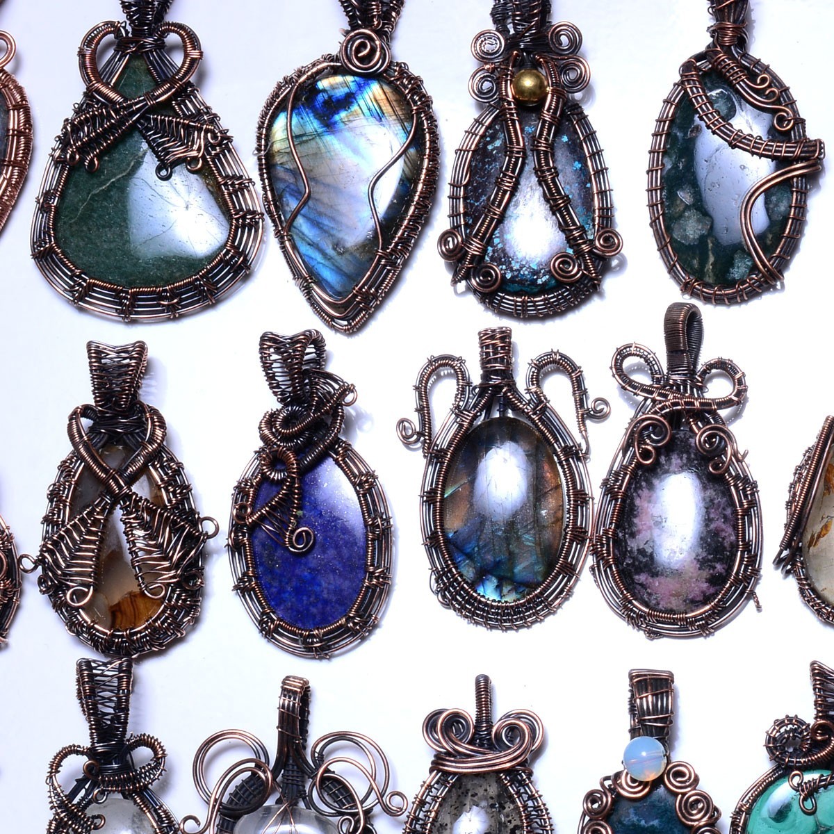 Natural Handmade Mix Gemstone Copper Wire Wrap 10 Pcs Lot Pendant Jewelry Reiki