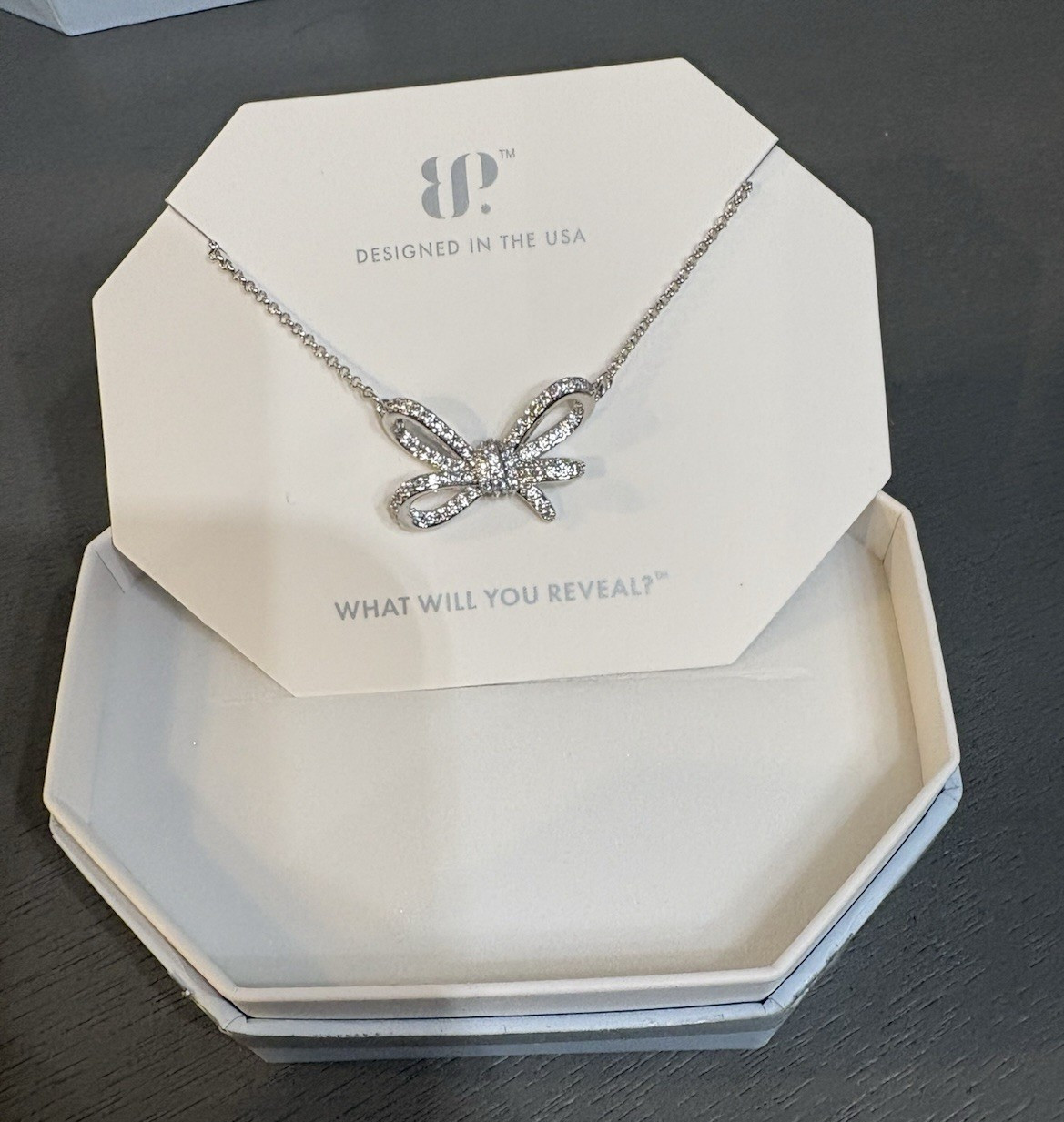 BP Rhodium Plated White CZ Pavé Bow Charm Pendant Necklace 18″ Adj NK90444