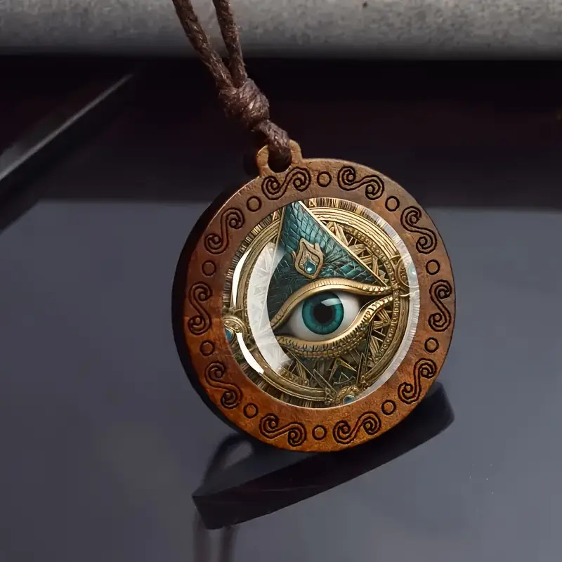Gothic Mason Wooden Necklace Jewelry Vintage Look Devil’s Evil Eye Pendant