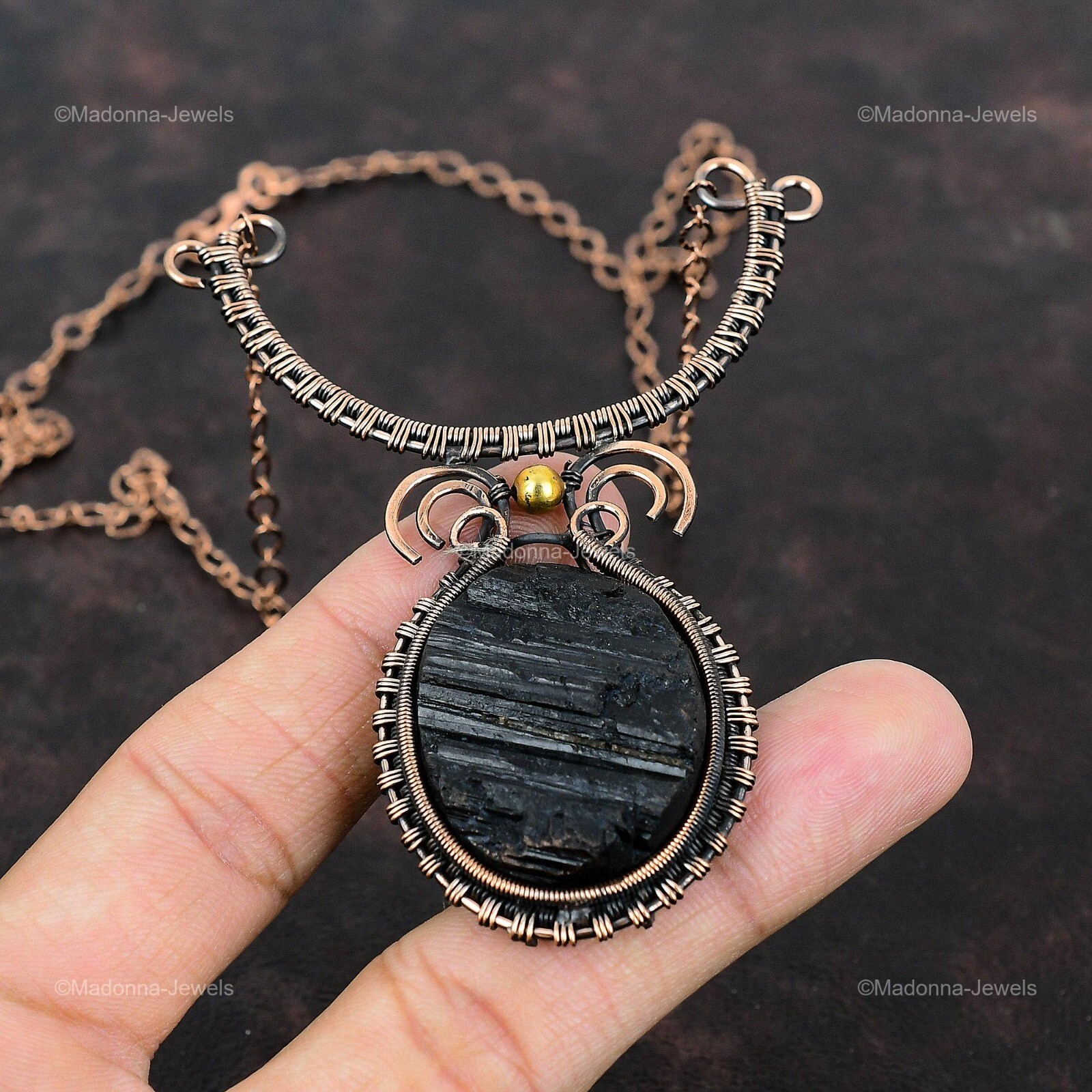 Copper Black Tourmaline Rough Gemstone Chain Anniversary Wire Wrapped Necklace
