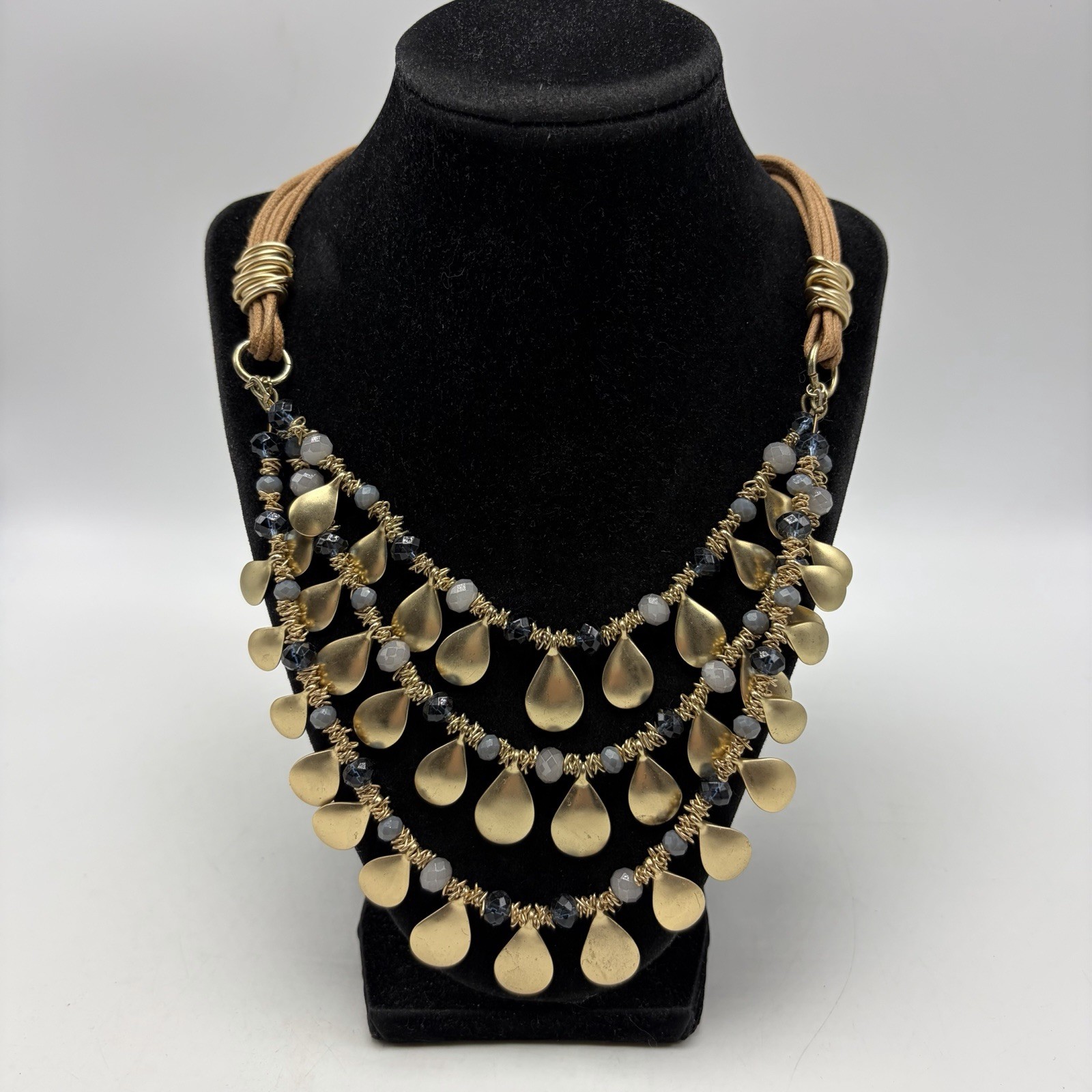 Statement Necklace Gold Tone Disc Brown Cord Gray Bead St Thomas Career Office