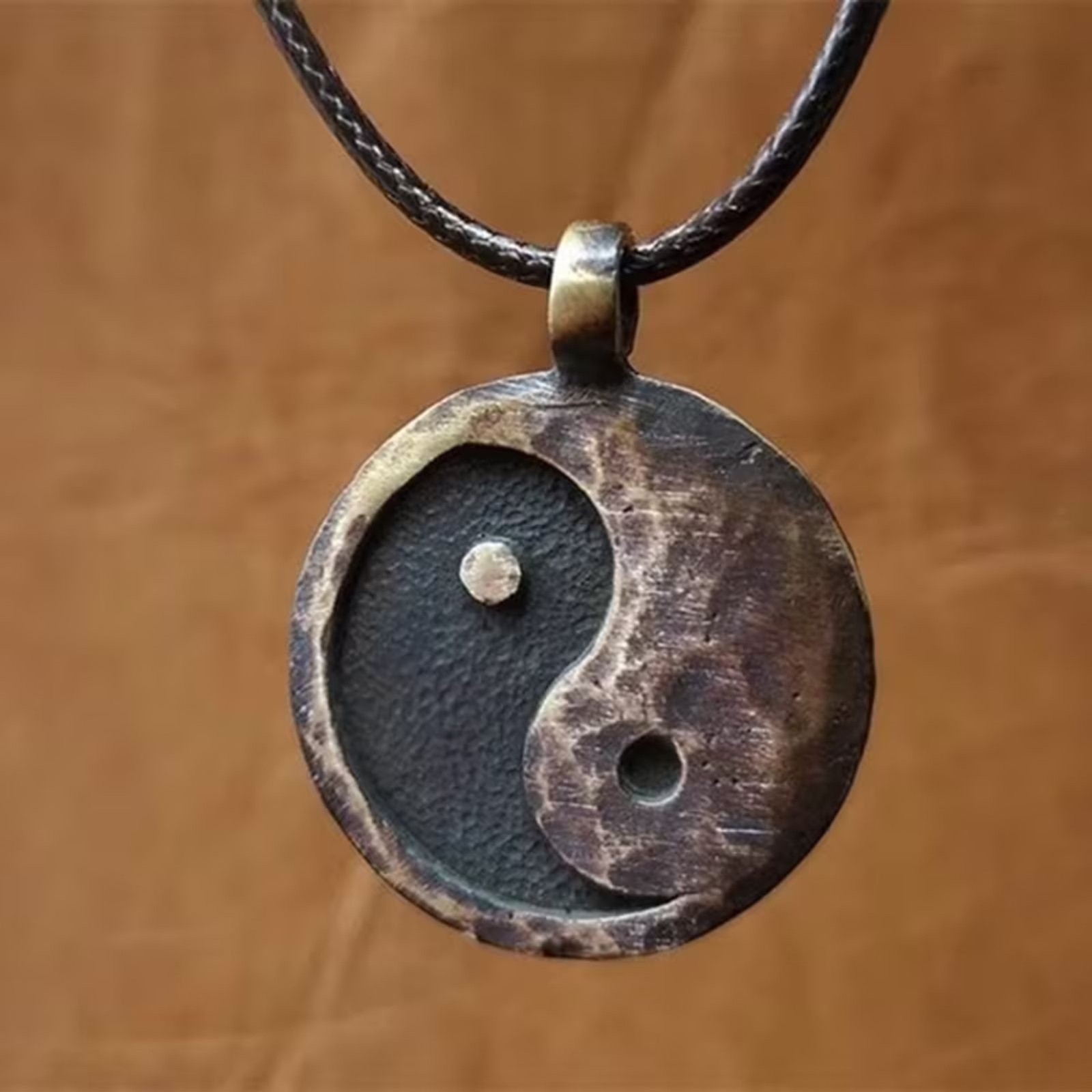 Ying Yang Charm Pendant Necklace Round Tai Chi Boho Chinese Amulet 2-Tone Vintge