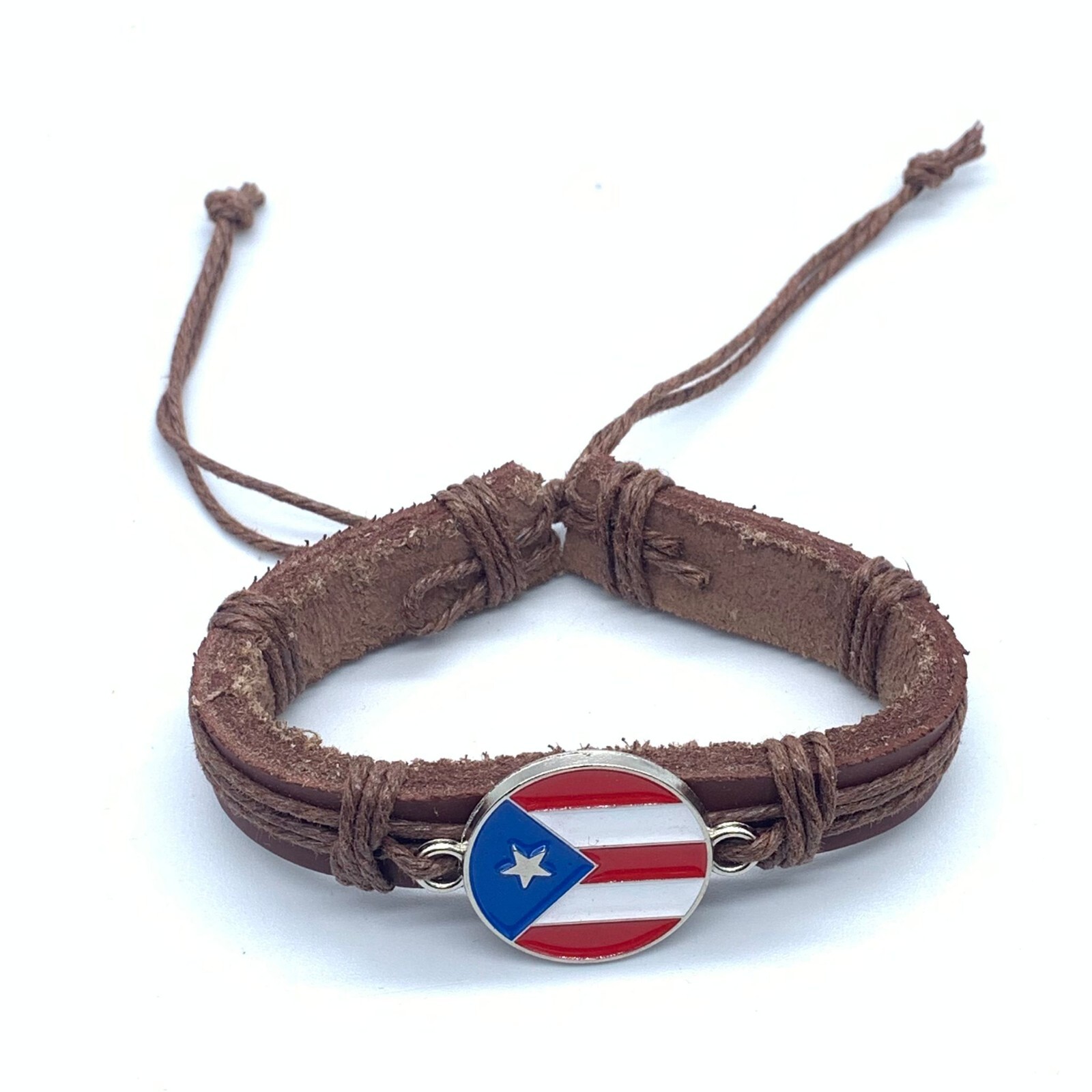 Puerto Rico Flag Round Medal Brown Leather Handmade Bracelet adjustable 7in-11in
