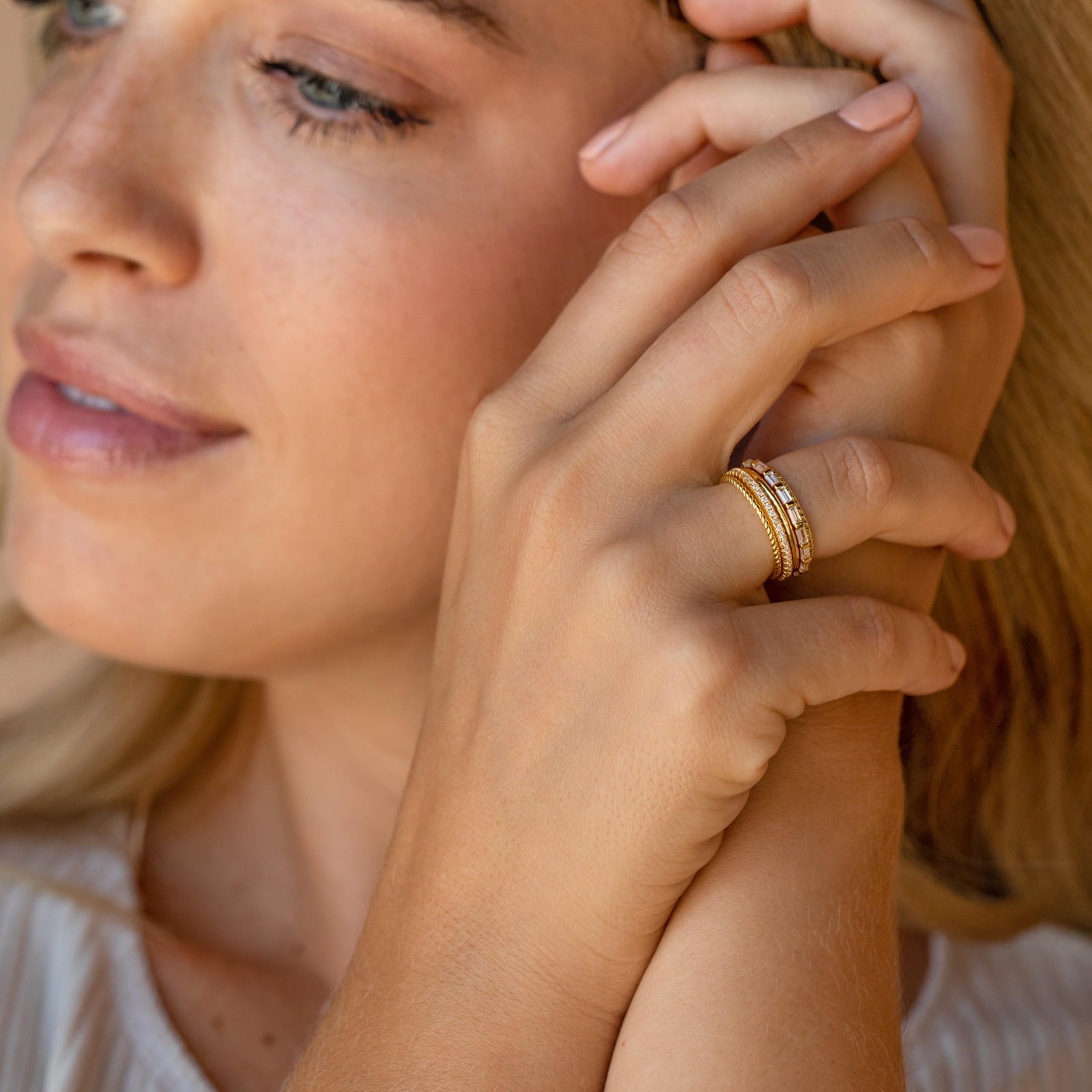 14K Gold Filled Thin Stackable Rings for Women,Minimalist Non Tarnish Cubic Z…