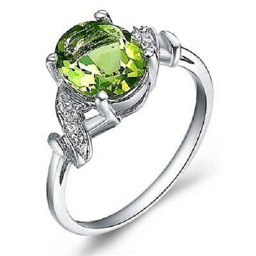2 Carat Simulated Peridot Gemstone Engagement Ring on Sterling Silver