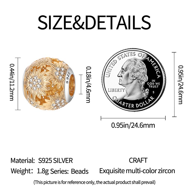 PANDACH Gold Plated Sunflower Bead, 925 Sterling Silver Floral Charm Jewelry DIY