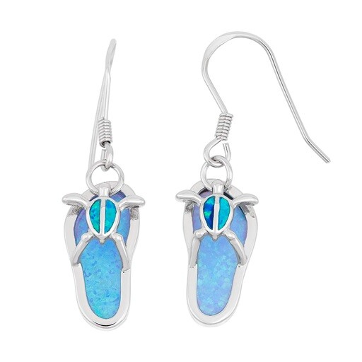 Turtle Flip Flop Beach Sandal Opal Silver Drop Dangle Earrings Free Gift Bag
