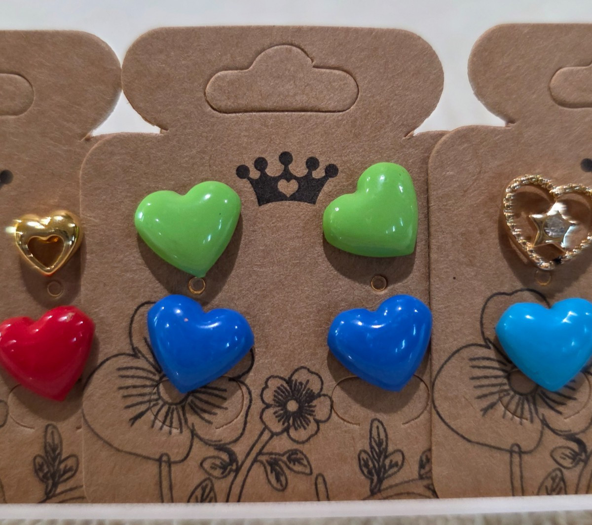 NOS Colorful Metal Heart Hearts Eight 8 Pair Stud Lot Pierced Earrings