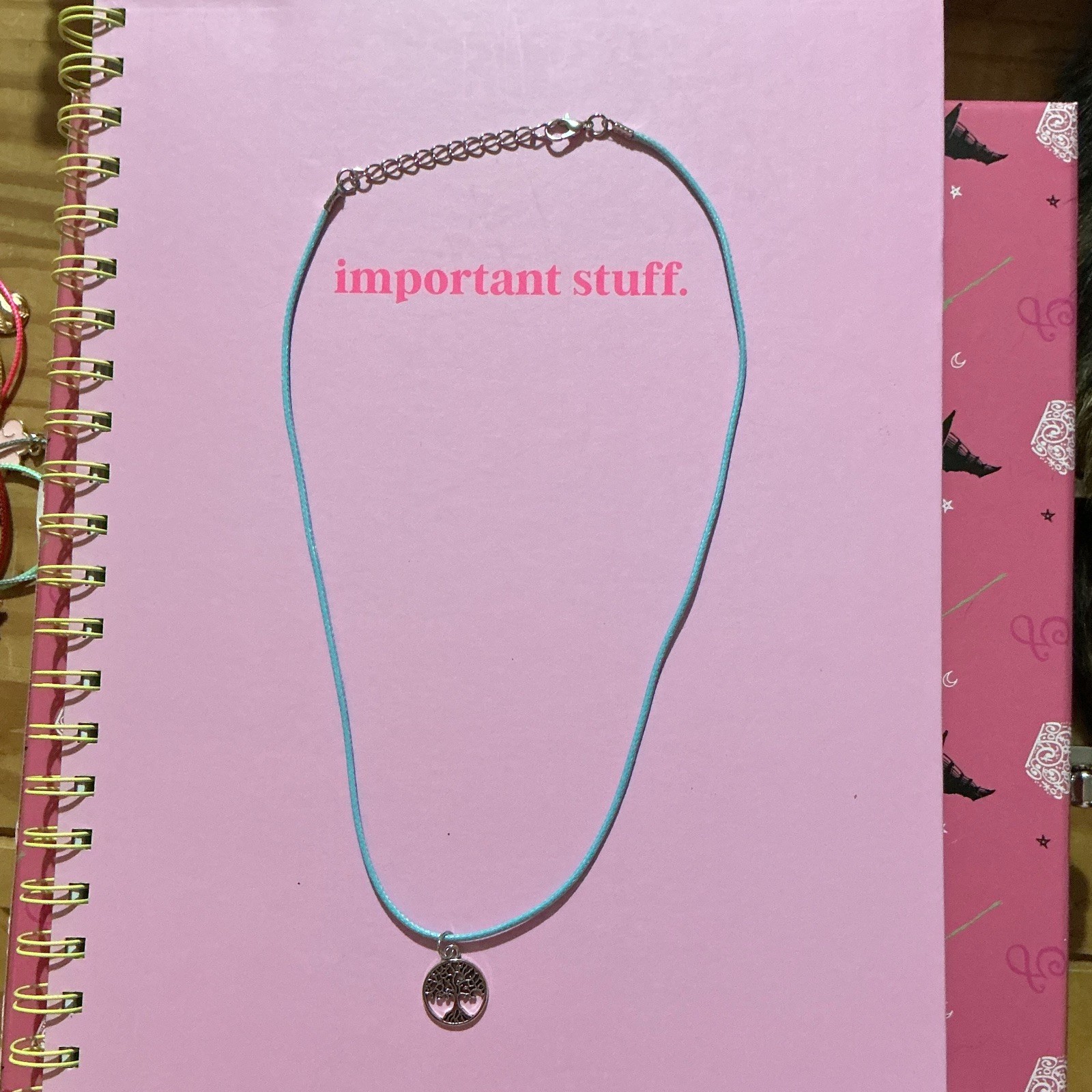 Blue Cord Necklace with Round Nature Charm Pendant, Adjustable, Lobster Clasp