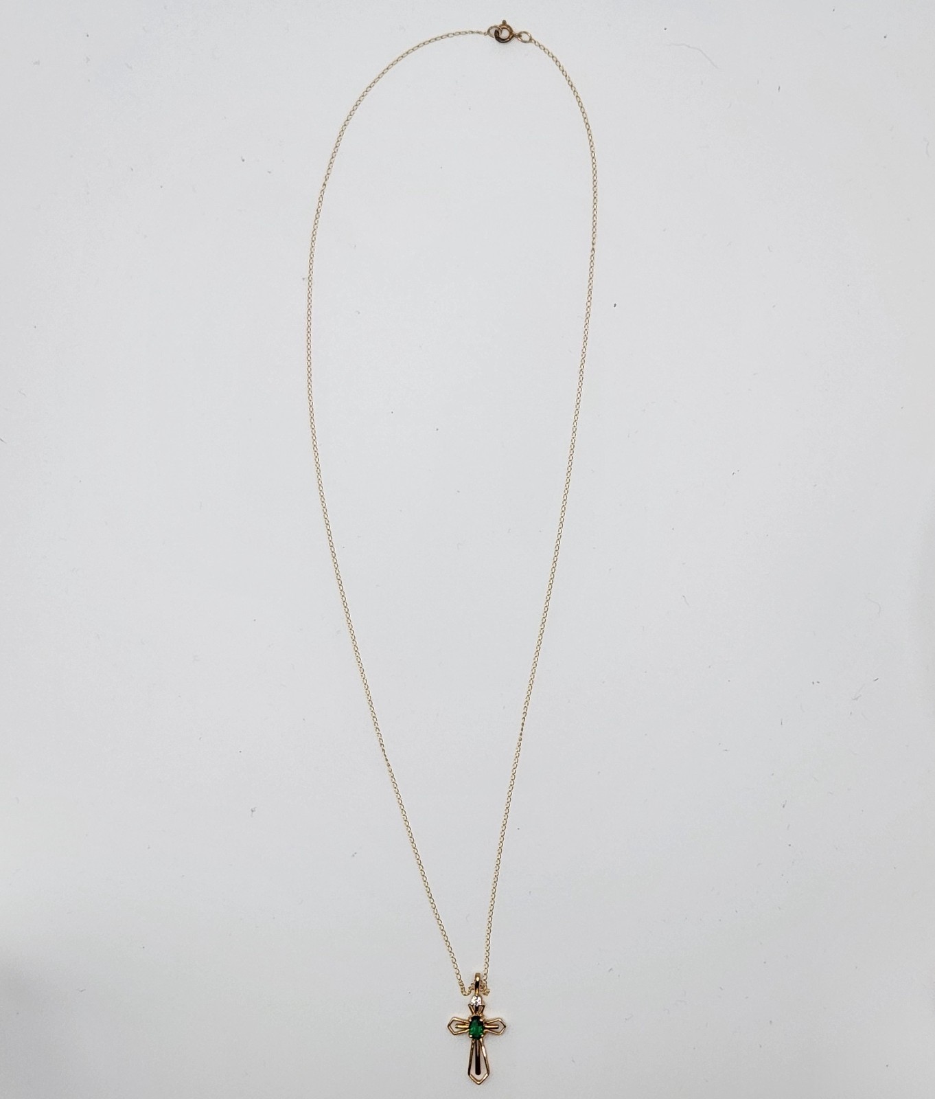 Dainty 10K Solid Gold Emerald & CZ Cross Pendant 18″ Gold Shell Necklace CW Box