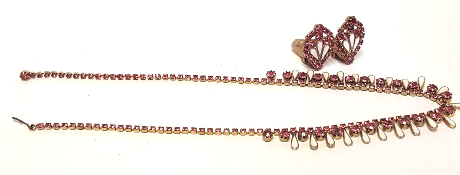 WEISS Pink Rhinestone White Enamel Necklace 15″ Clip Earrings 1″ Set Vtg TLC
