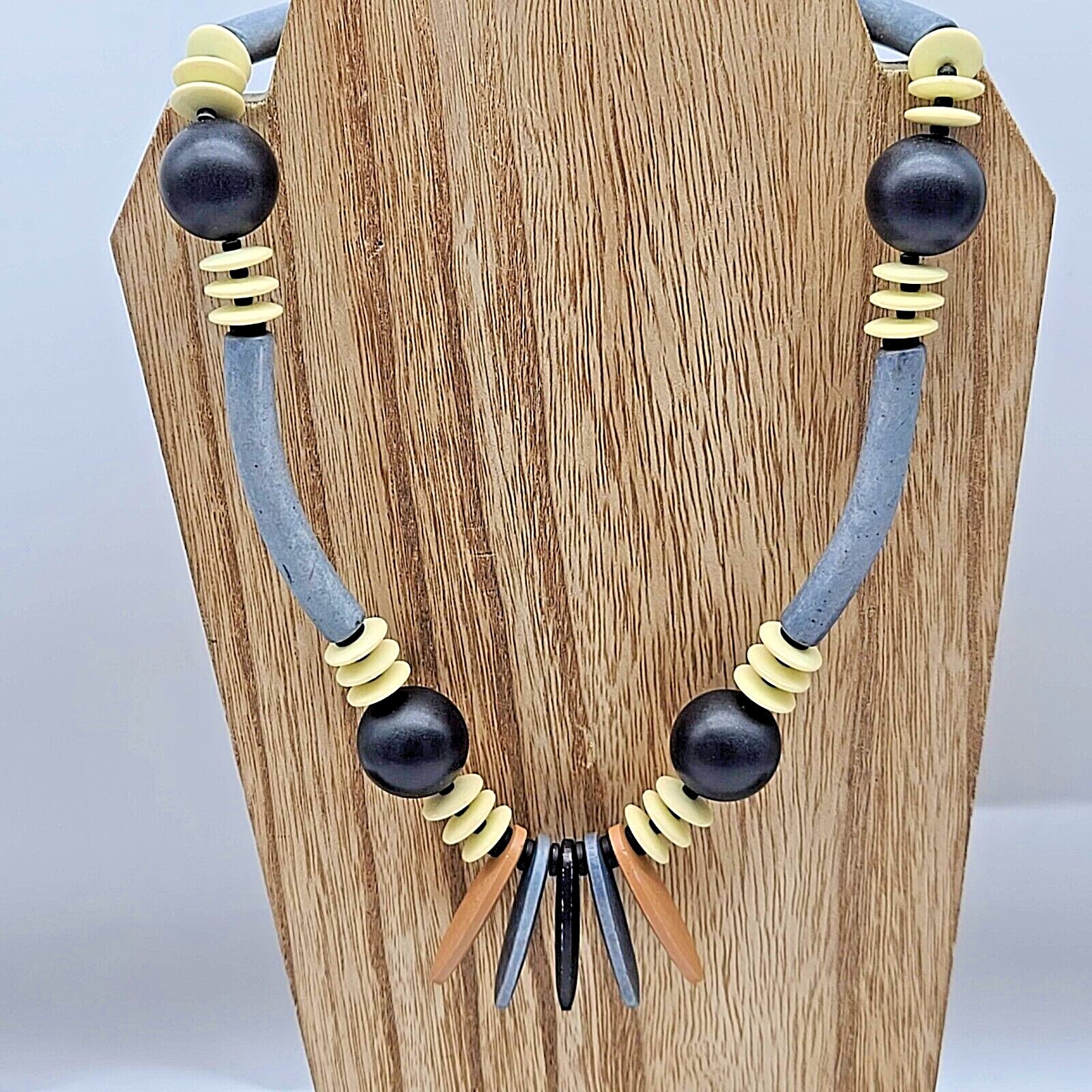 Gray, Cream, Black & Brown Acrylic & Wood Beaded Necklace