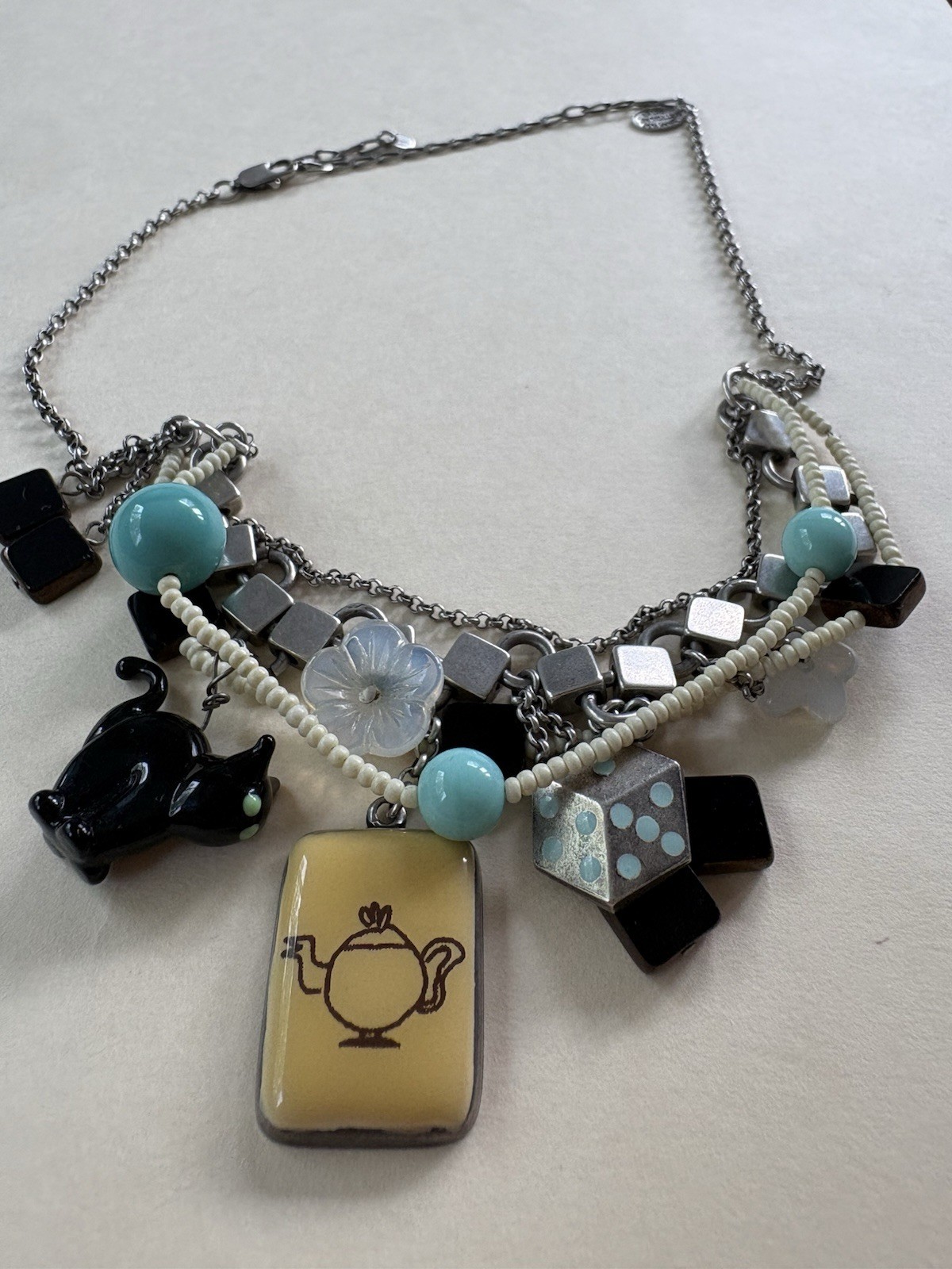 Servane Gaxotte Paris Multicolor Cat & Teapot Charm Necklace Beaded Signed