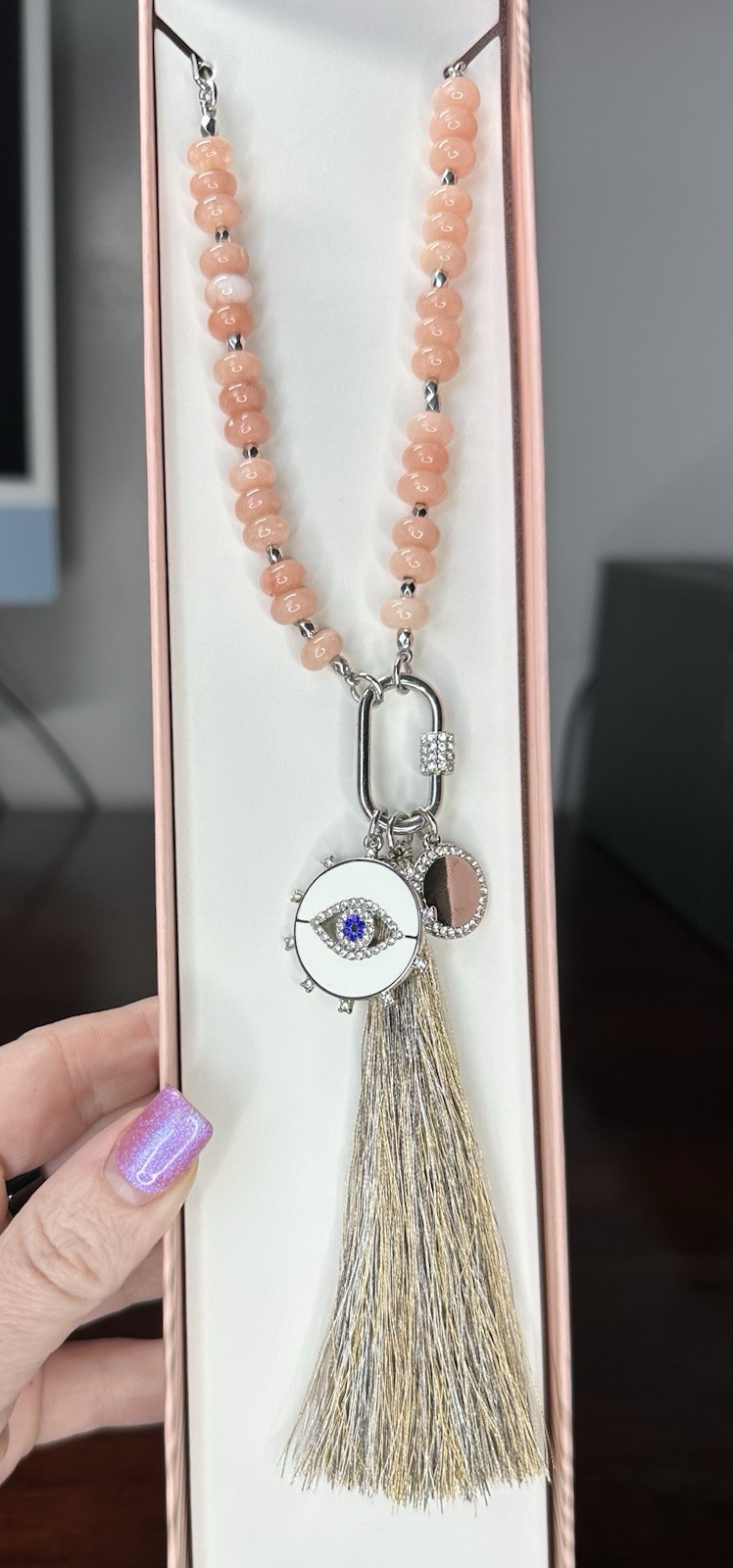Bomb Party Necklace- Long-Summer Pendants- 6245PI- Treated Jade-Silver Plate