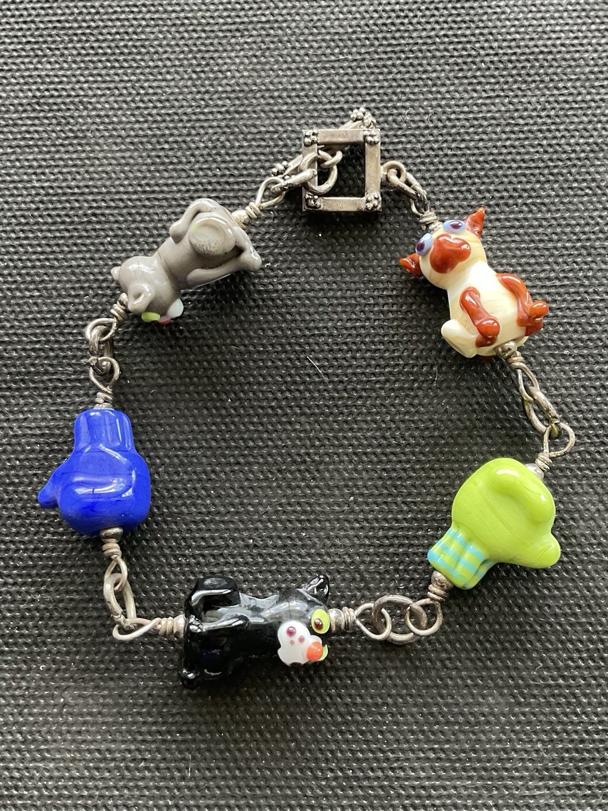 Silver Tone Toggle Bracelet With assorted colorful lampwork glass animal beads