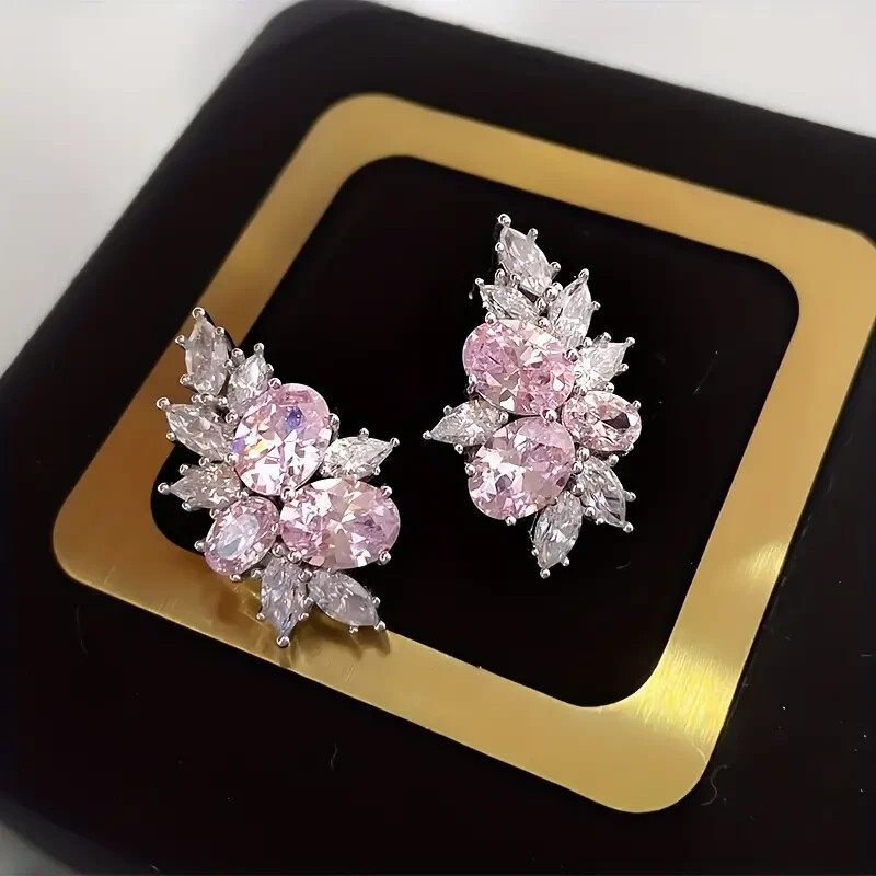 Pink Zirconia Delicate Stud Earrings Exquisite Luxury Style Women Elegant