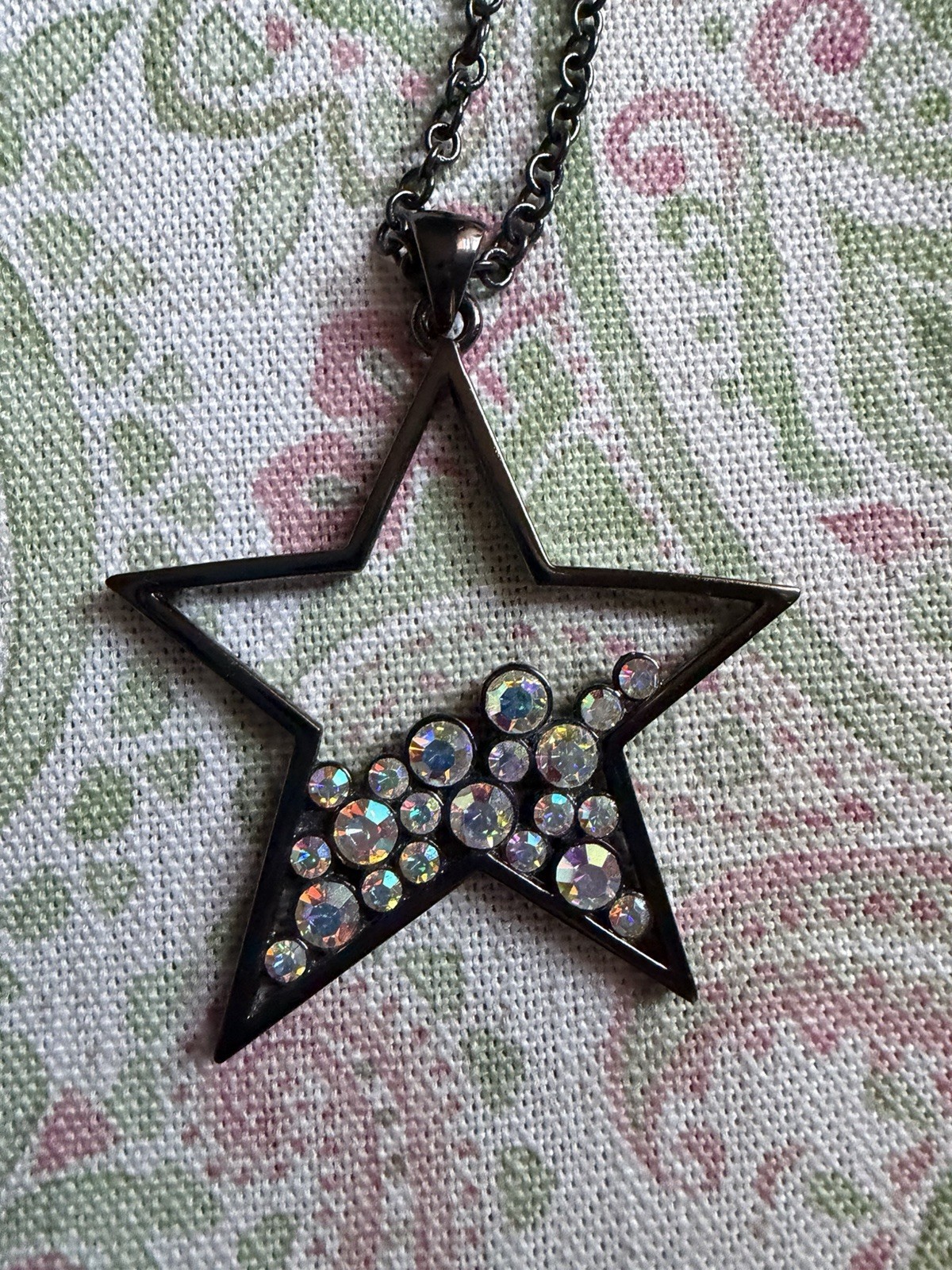Black Gunmetal Star Pendant long Necklace Aurora Borealis Rhinestones Whimsigoth