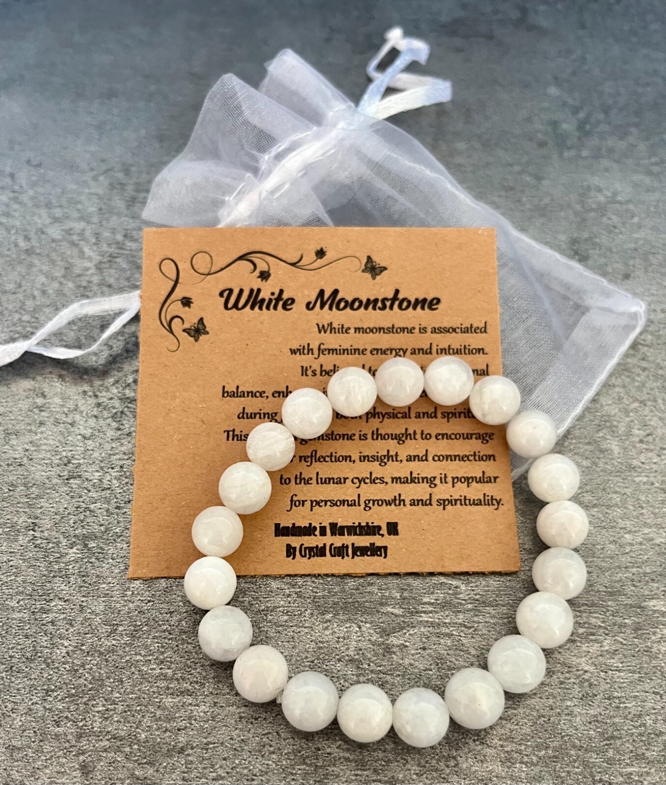 WHITE MOONSTONE Bracelet Stretchy Handmade +Gift Bag & Card Crystal Gemstone 8mm