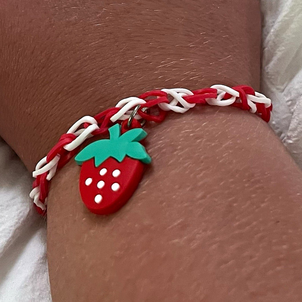 Red & White Braided Chain Charm Bracelet Slip-On, Strawberry Dangle