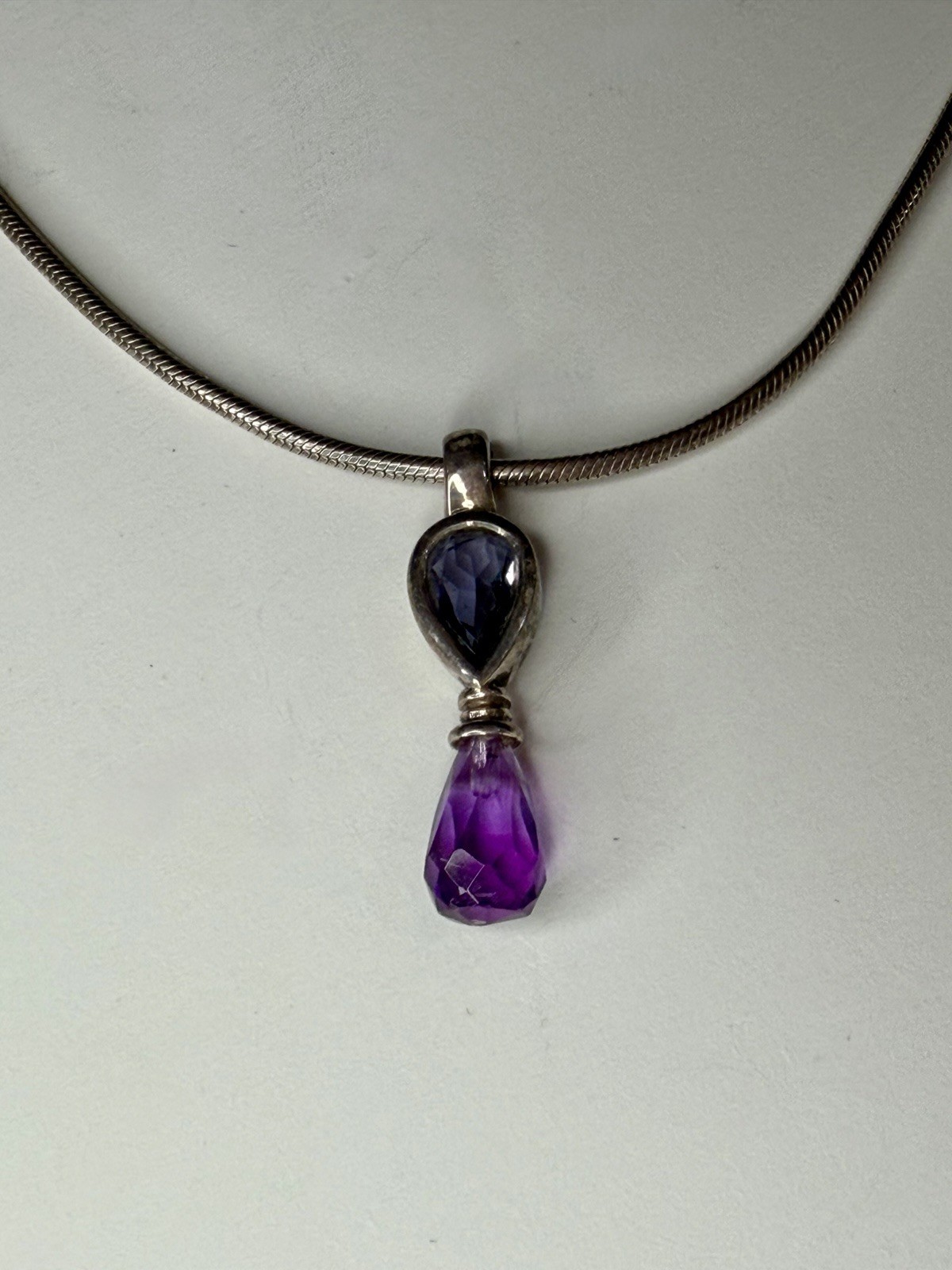 Silver Snake Chain Necklace 18″ Amethyst Teardrop Charm Pendant Crystal