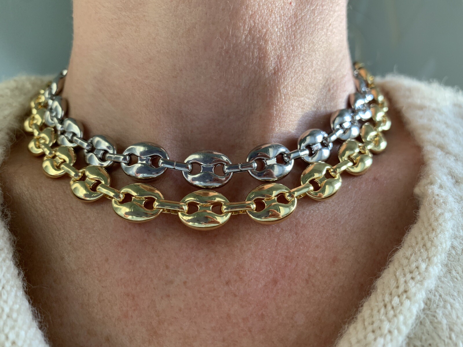 14k yellow gold Plated Puffy Puffed Anchor Mariner Link Chain Necklace 1cm