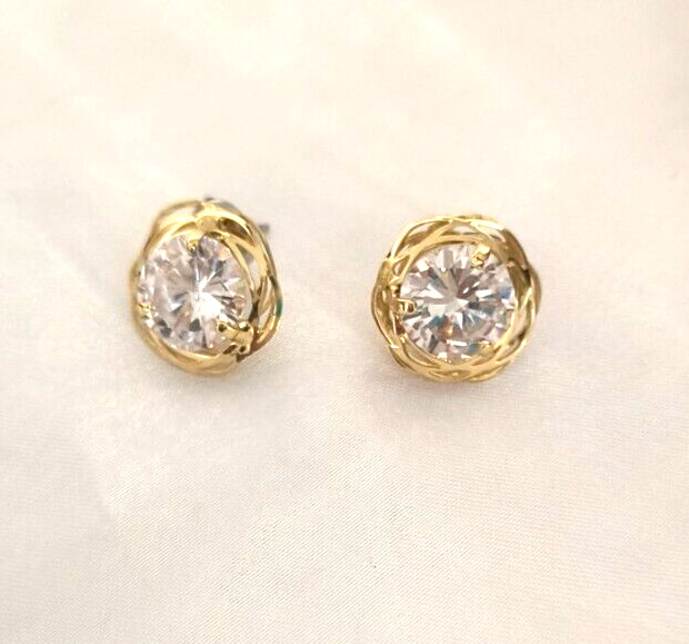 Women’s Earrings Pierced Ears Clear Crystal Gold Tone Button Style Scalloped