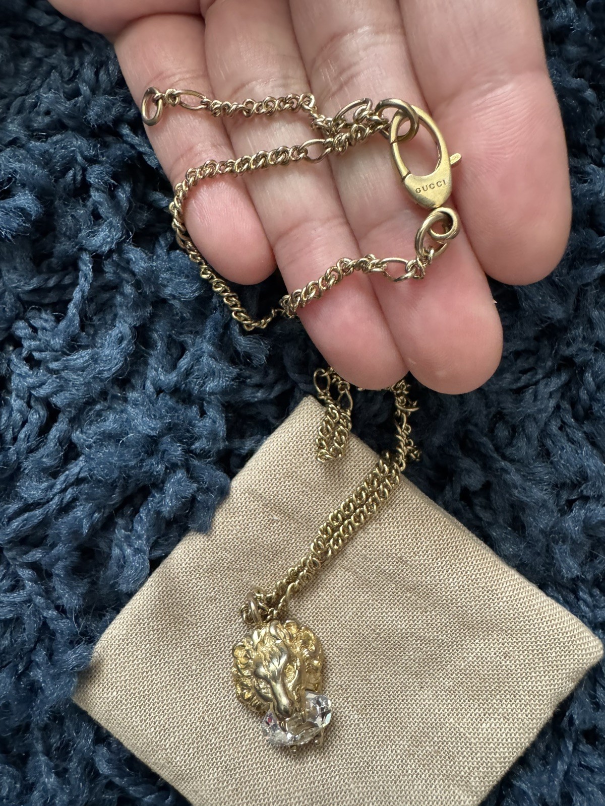 Gucci Lion Head Crystal Pendant Necklace Gold Plated 23.6in Chain Unisex