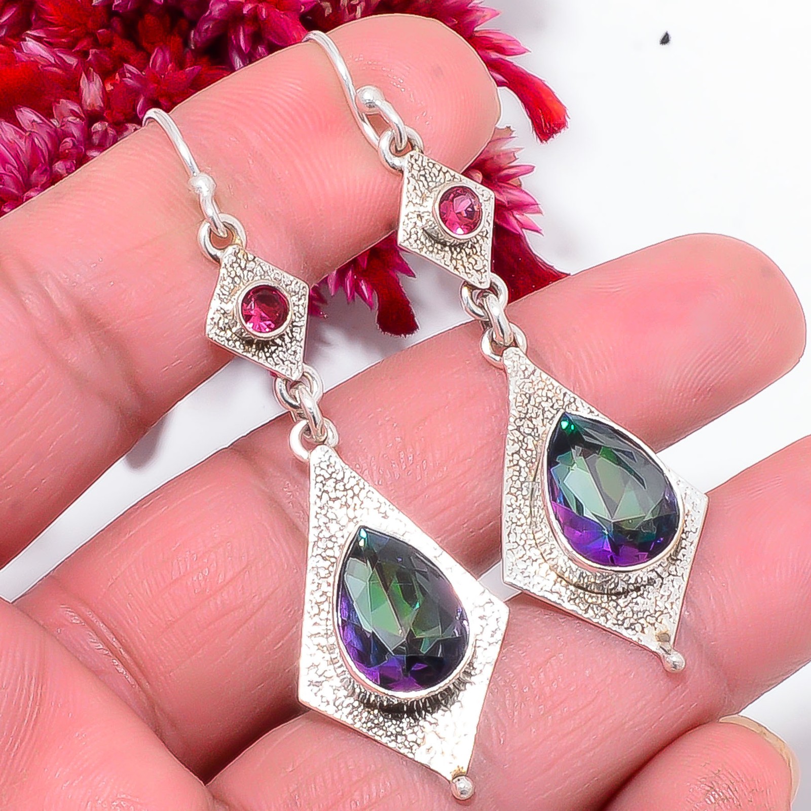 Rainbow Mystic Fire Topaz, Pink Tourmaline 925 Sterling Silver Earring 2.50″ S14