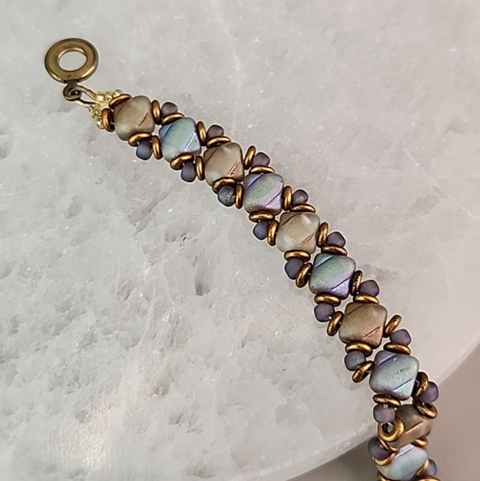 Glass Beaded Bracelet Weaved Frosted Iridescent Multicolor Snap Clasp 6.25″