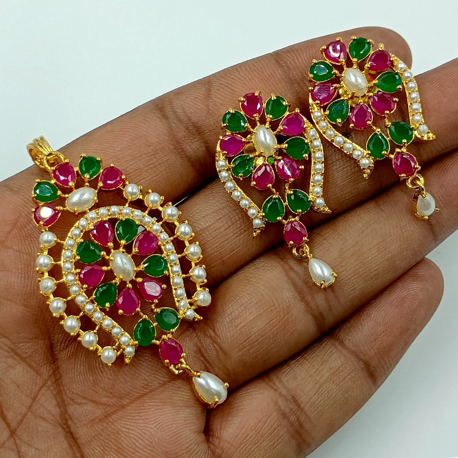 South Indian Ruby Emerald Pearl Pendant Set 22k Gold Plated Bridal Set