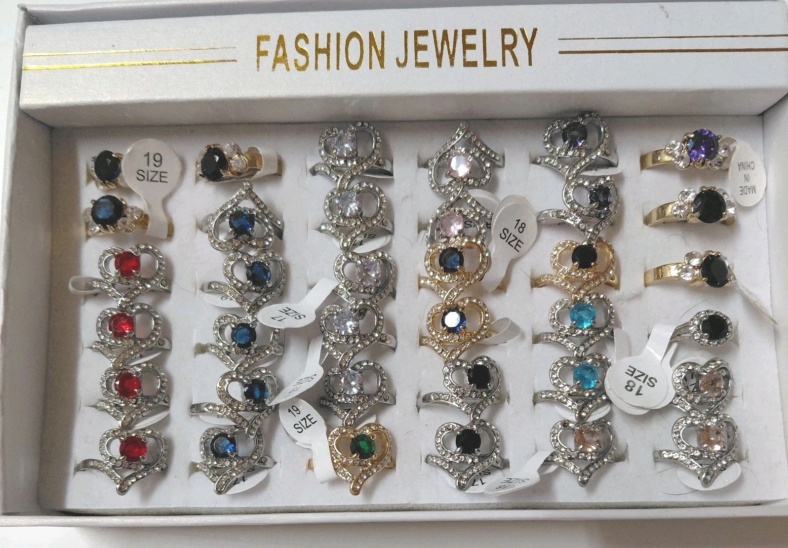 36 Pc Fashion Jewelry Ring Lot Heart Rhinestone Crystal Mixed Sizes 17 18 19 New