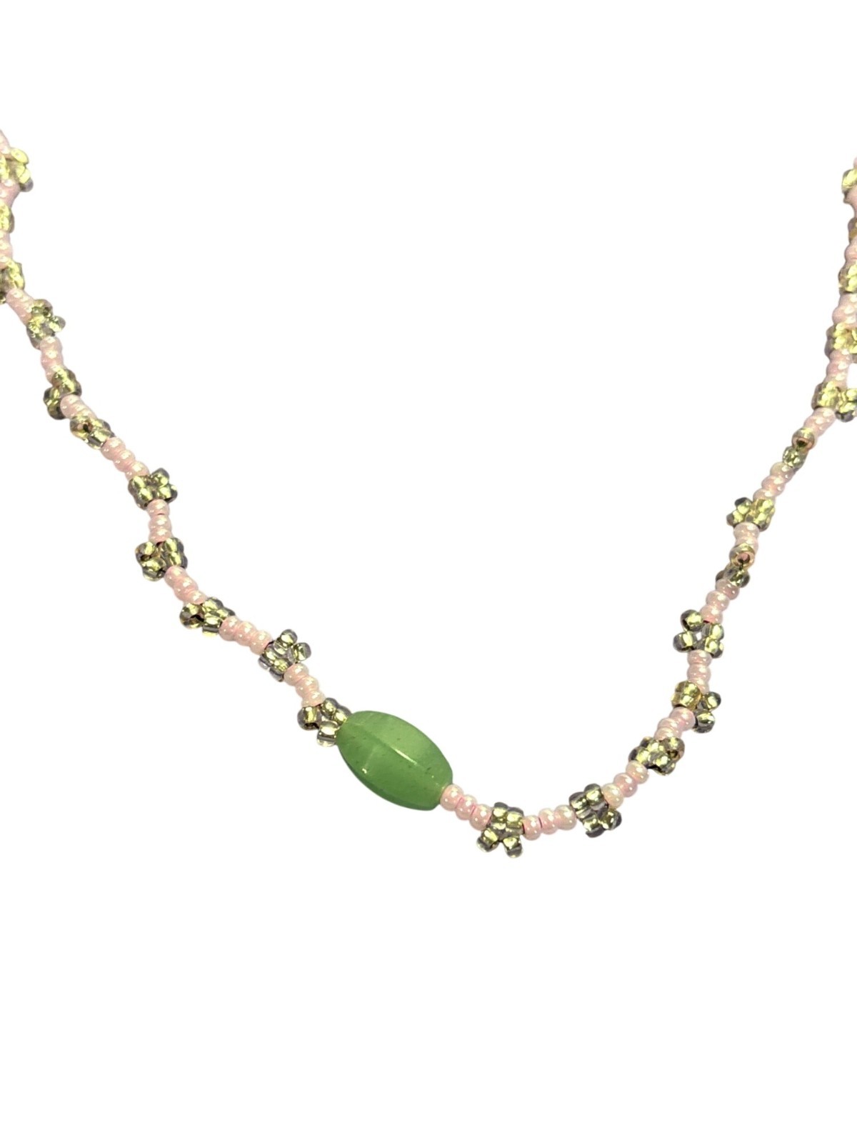 Artisan Seed Beed Necklace Jade Stone Pink Clear Silvertone Spring Ring Clasp