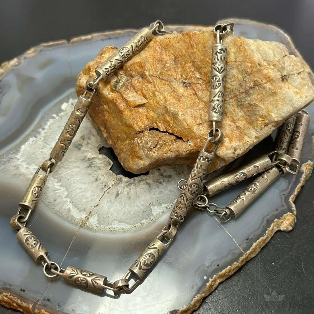 Vintage Silver Stamped Cylinder 24″ Fashion Link Necklace For Women