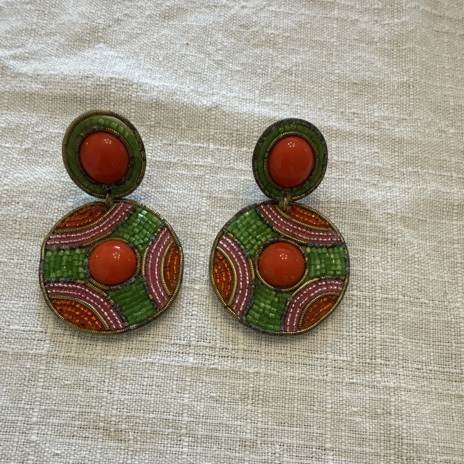 Lot of 2 Vintage Statement Clip-On Dangle Beaded Earrings Multicolor Good Cond