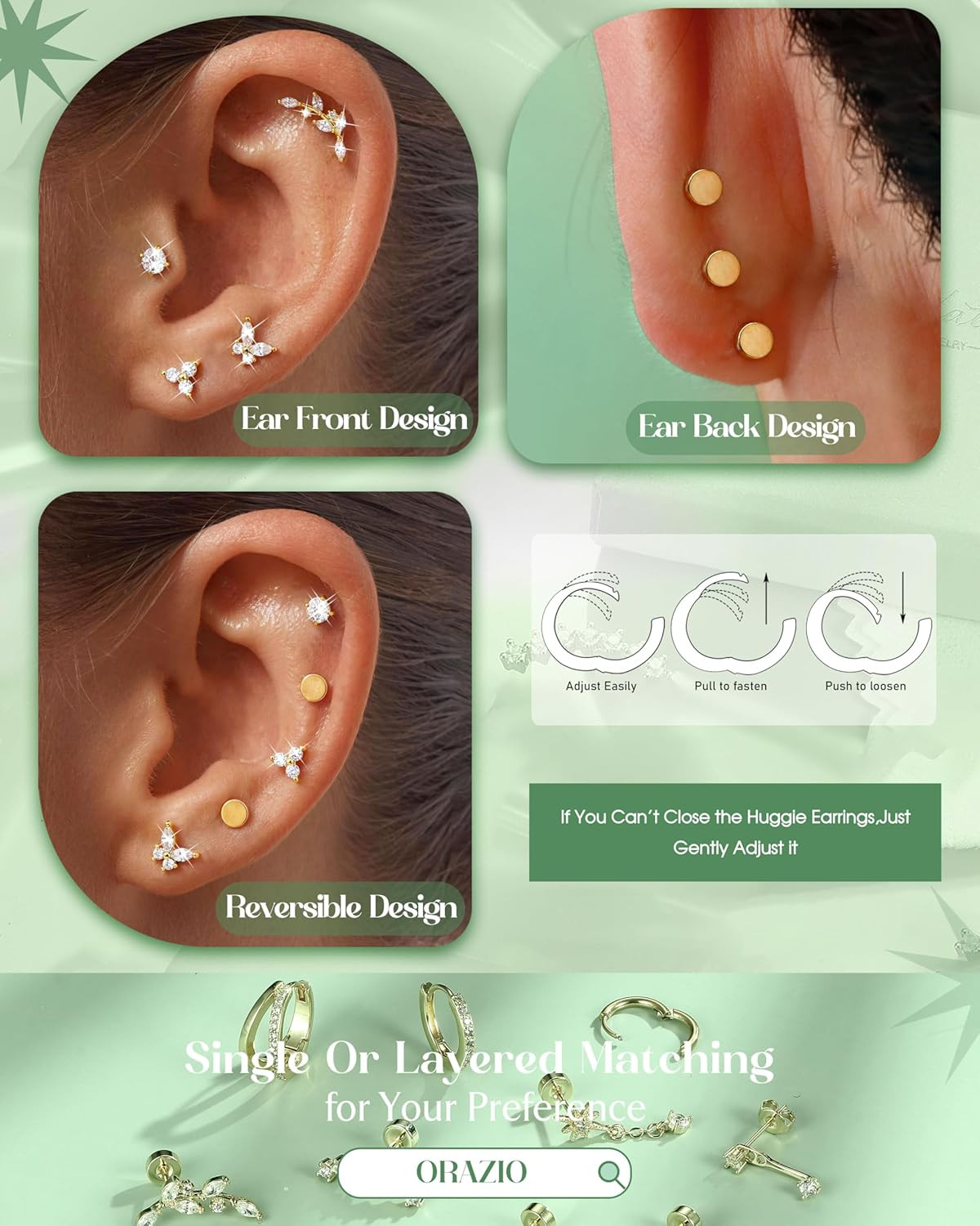20/18/16G Cartilage Earrings for Women Flat Back Earring Stacks Hypoallergenic S