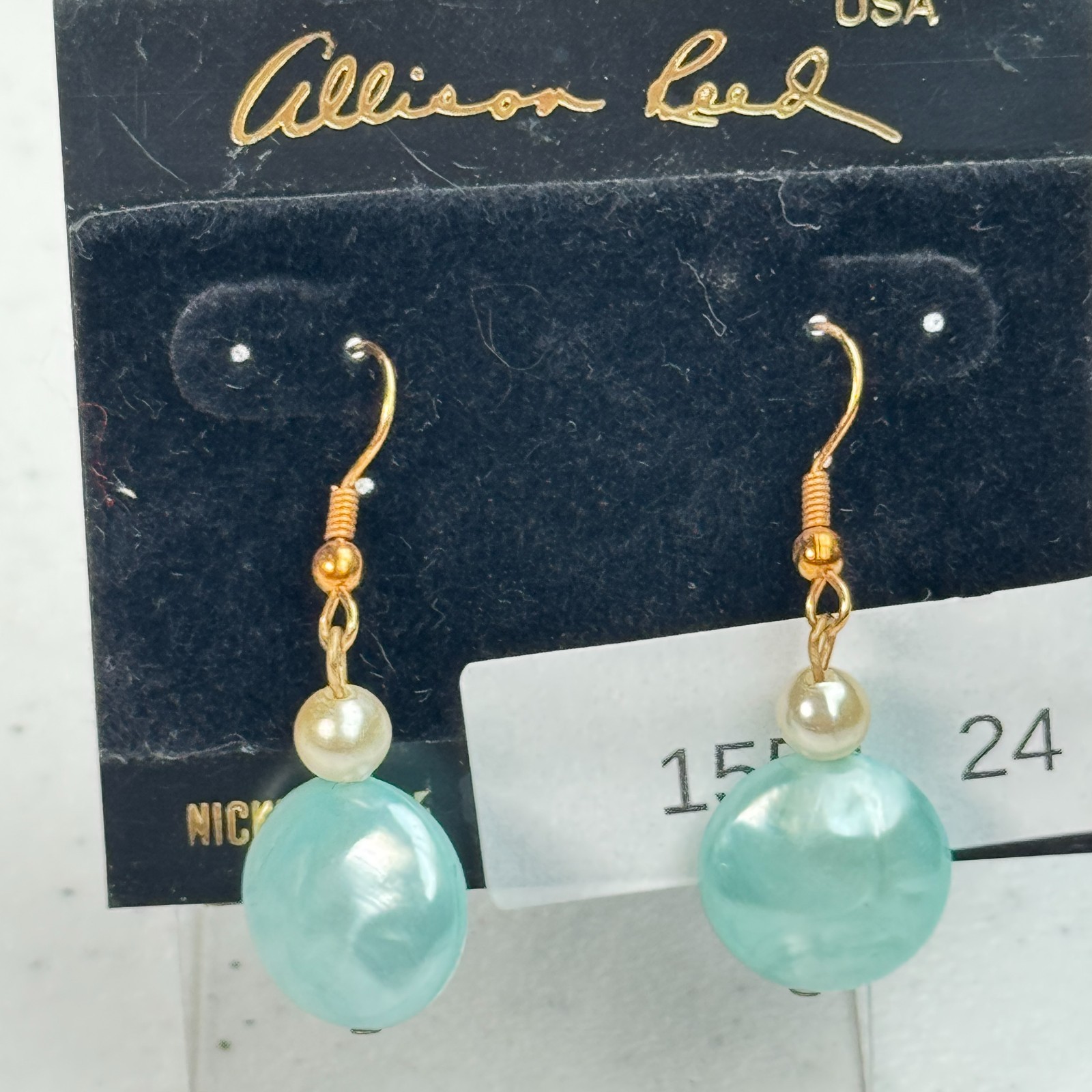 Vintage Allison Reed Pierced Earrings Gold Tone Green Faux Pearl Drop 90s Y2k